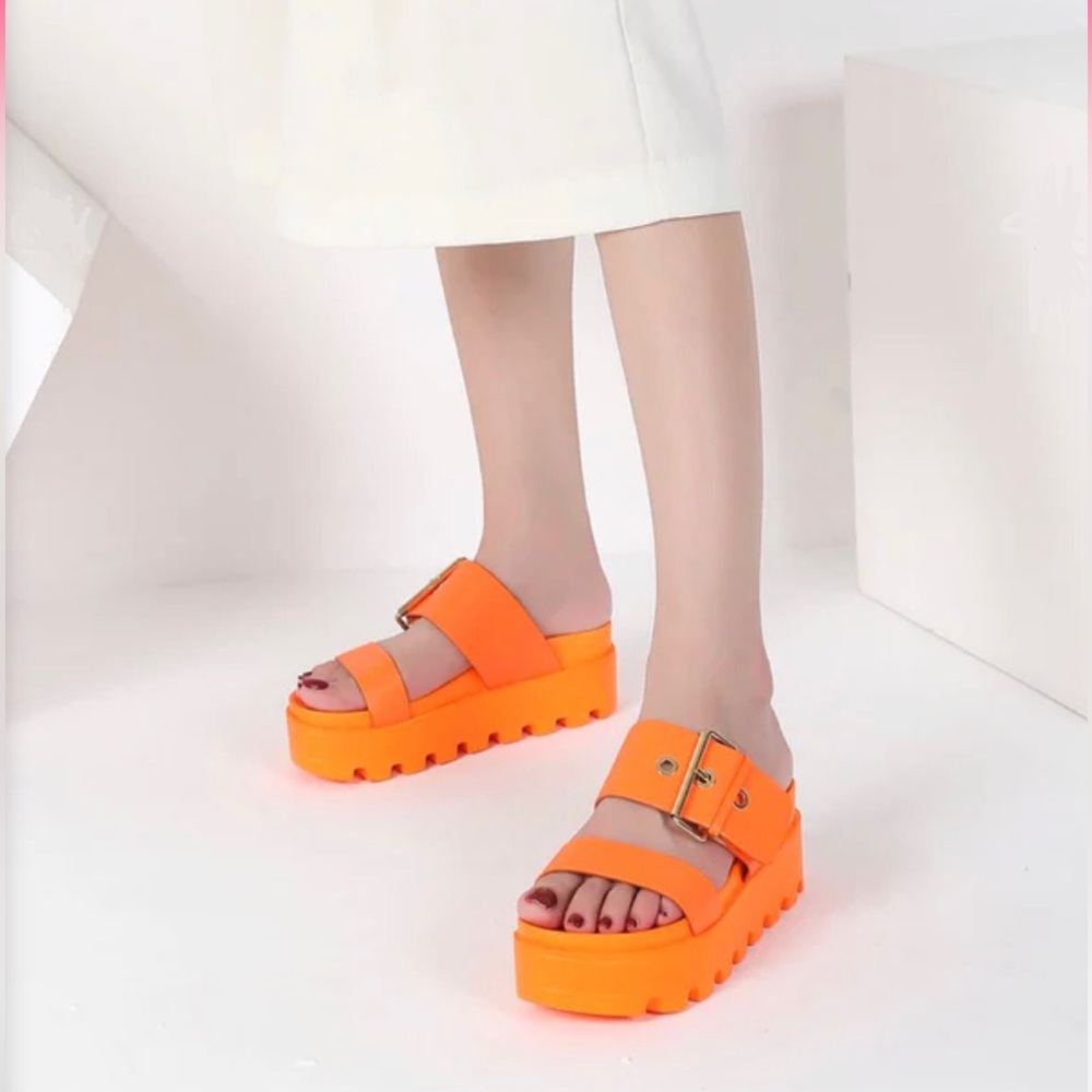 Open Toe Neon Orange Platform Slides